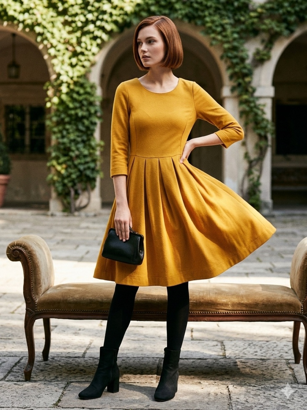 Archival 2010 H&M Hennes Everyday Mustard Yellow Pleated Skater Dress - XS EUC